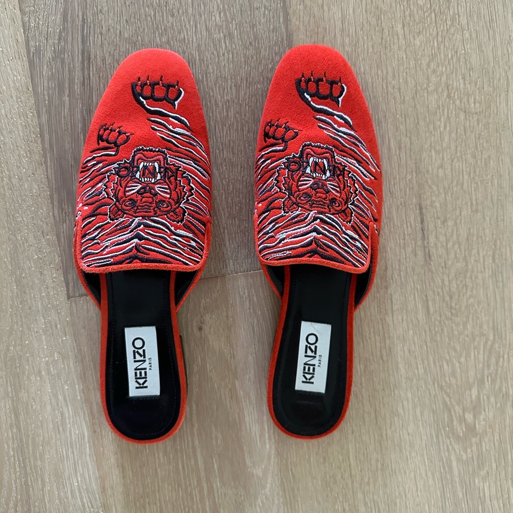 Kenzo Suede mules detailed with crawling tiger embroidery.